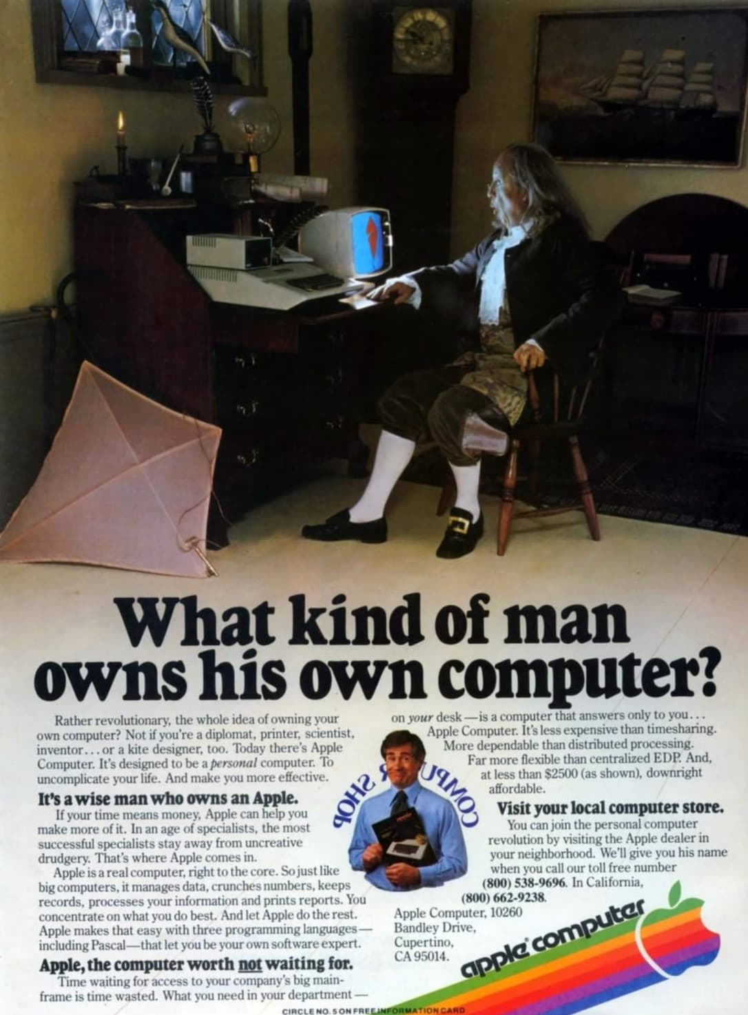 apple ads 1980s - What kind of man owns his own computer? Rather revolutionary, the whole idea of owning your own computer? Not if you're a diplomat, printer, scientist, inventor...or a kite designer, too. Today there's Apple Computer. It's designed to be